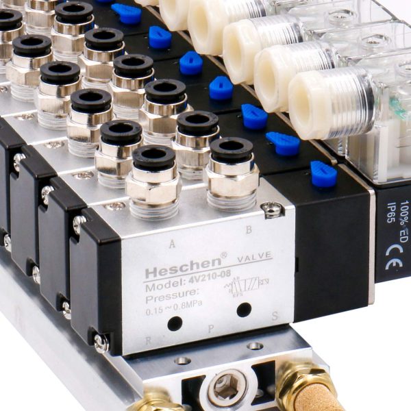 Heschen 10 Space Manifold Solenoid Valve 4V210-08 G1/4" 5 Way 2 Position with Base Muffler Quick Fittings Set - Image 3