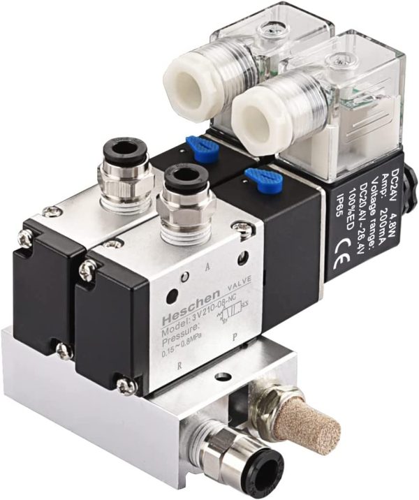 Heschen 2 Space Pneumatic Solenoid Valve 3V210-08 12 VDC24 VDC110 VAC220 VAC PT14 2 Position 3 Way Manifold with Base Muffler Quick Fittings Set