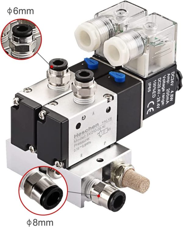 Heschen 2 Space Pneumatic Solenoid Valve 3V210-08 12 VDC24 VDC110 VAC220 VAC PT14 2 Position 3 Way Manifold with Base Muffler Quick Fittings Set - Image 4