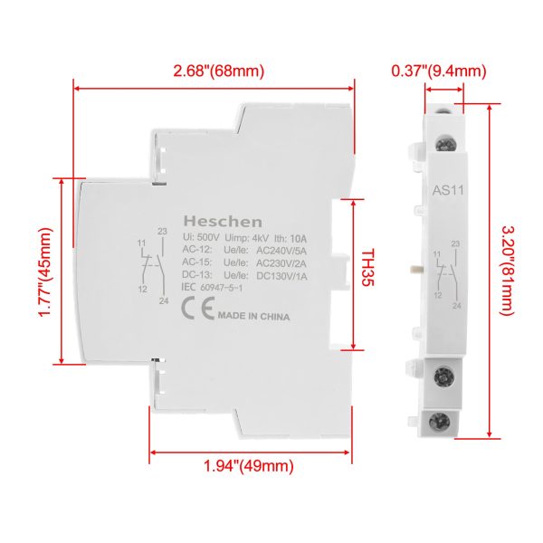 Heschen Auxiliary Contact for AC Contactors AS11/AS02/AS20 1NO+1NC/2NC/2NO 500V 50/60Hz Side Mounted - Image 5
