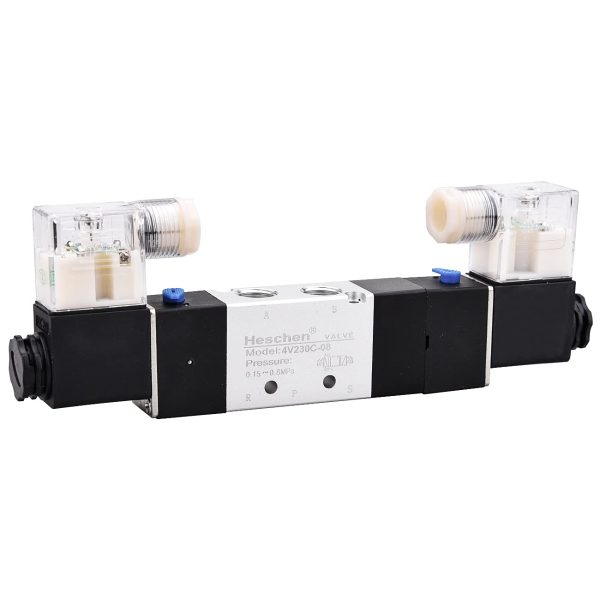 Heschen Electrical Pneumatic Solenoid Valve 4V230C-08, 12V/24V/110V220V PT1/4 5 Way 3 Position Double Coil Pilot-Operated Electric Closed Type CE with Fittings and Muffler - Image 3