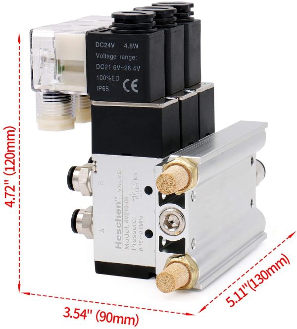 Heschen Electrical Pneumatic Triple Solenoid Valve 4V210-08 PT1/4 5 Way 2 Position Manifold Base Muffler Quick Fittings Set - Image 5