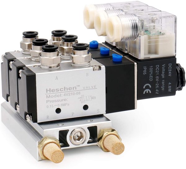 Heschen Electrical Pneumatic Triple Solenoid Valve 4V210-08 PT1/4 5 Way 2 Position Manifold Base Muffler Quick Fittings Set