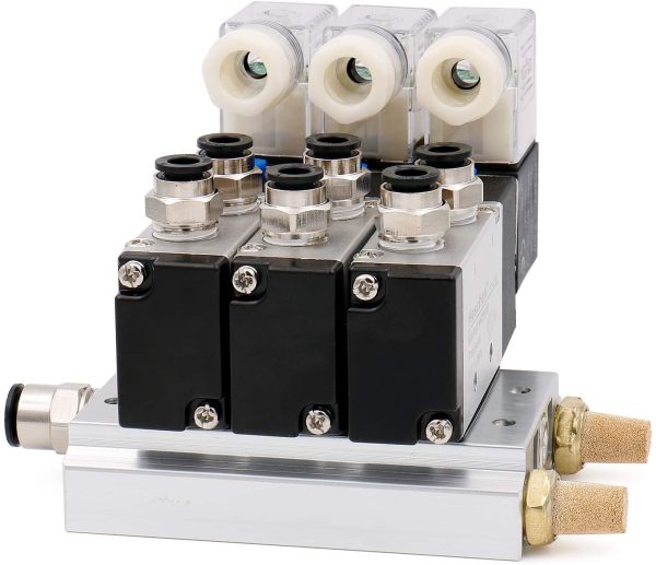 Heschen Electrical Pneumatic Triple Solenoid Valve 4V210-08 PT1/4 5 Way 2 Position Manifold Base Muffler Quick Fittings Set - Image 2