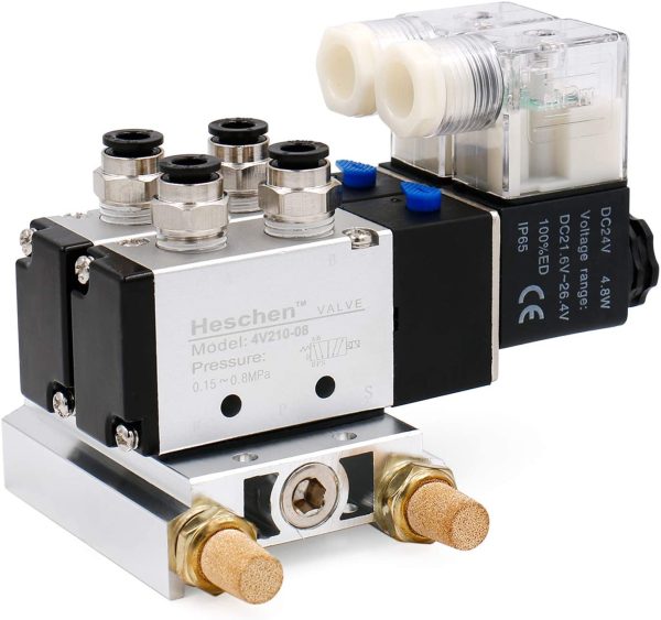 Heschen Electrical Pneumatic Twin Solenoid Valve 4V210-08 PT1/4 5 Way 2 Position Manifold Base, Muffler, Quick Fittings Set