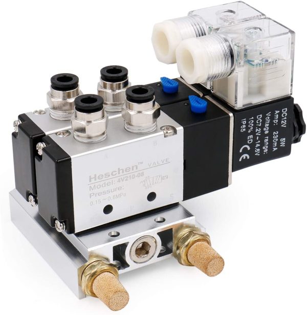 Heschen Electrical Pneumatic Twin Solenoid Valve 4V210-08 PT1/4 5 Way 2 Position Manifold Base, Muffler, Quick Fittings Set - Image 2