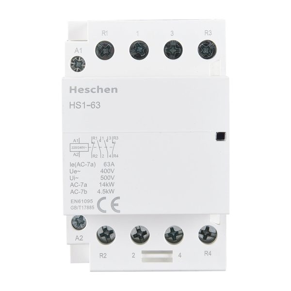 Heschen Household AC Contactor HS1-63 Ie 63A 4 Pole 2NO 2NC Open 220V Coil Voltage 35 mm DIN Rail Mount - Image 2