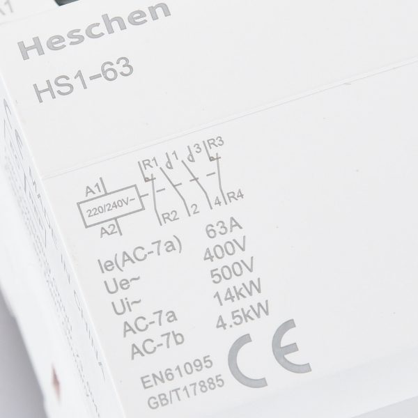 Heschen Household AC Contactor HS1-63 Ie 63A 4 Pole 2NO 2NC Open 220V Coil Voltage 35 mm DIN Rail Mount - Image 4