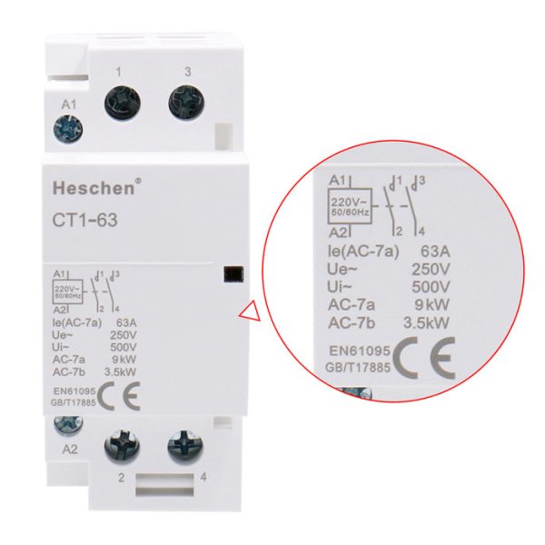 Household AC Contactor CT1-63 2 Pole Four Normally Open 220V/240V Coil Voltage 35 mm DIN Rail Mount - Image 3