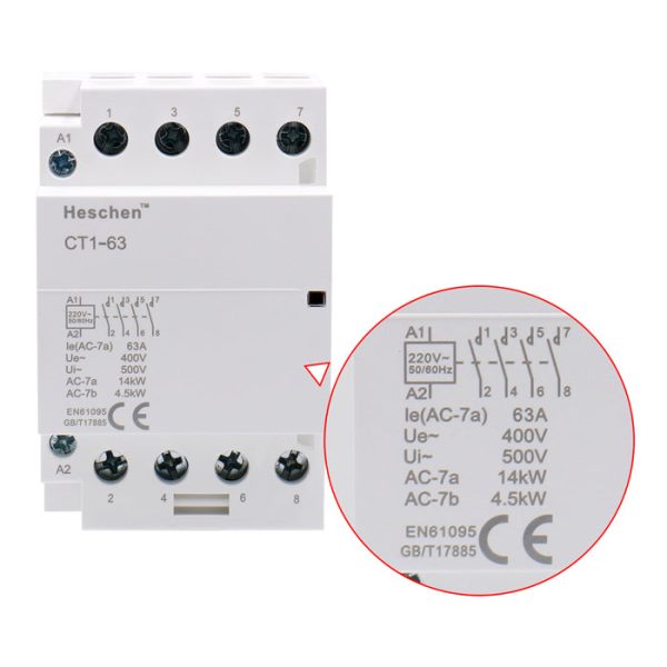 Household AC Contactor CT1-63 4 Pole Four Normally Open 220V/240V Coil Voltage 35 mm DIN Rail Mount - Image 3