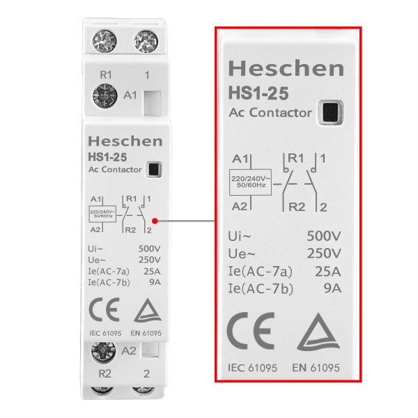 Household AC Contactor HS1-25 2 Pole 1NO 1NC 220V/230V Coil Voltage 35 mm DIN Rail Mount - Image 6