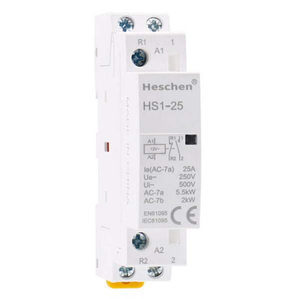 Household AC Contactor HS1-25 Ie 25A 2 Pole 1NO 1NC 12V Coil Voltage 35 mm DIN Rail Mount