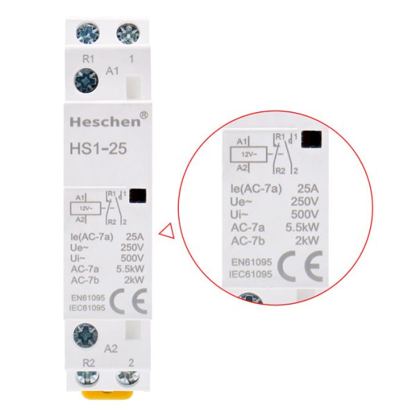 Household AC Contactor HS1-25 Ie 25A 2 Pole 1NO 1NC 12V Coil Voltage 35 mm DIN Rail Mount - Image 5