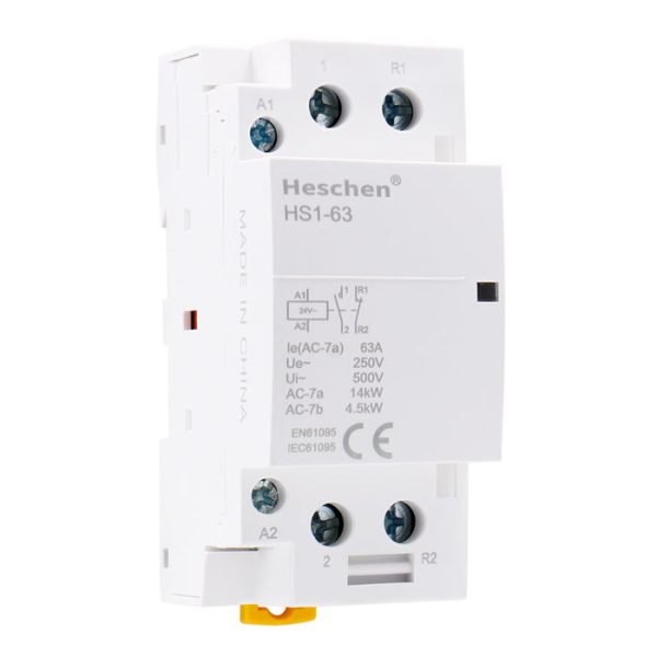 Household AC Contactor HS1-63 Ie 63A 2 Pole 1NO 1NC 24V Coil Voltage 35 mm DIN Rail Mount