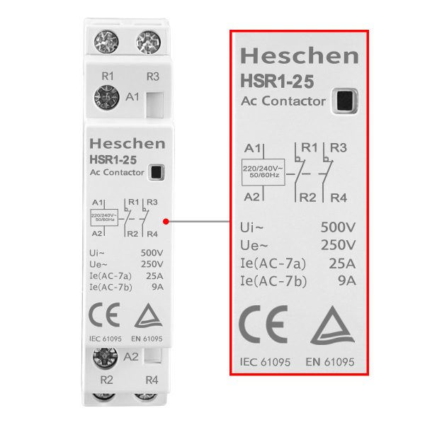 Household AC Contactor HSR1-25 2 Pole Two Normally Closed 220V/230V Coil Voltage 35 mm DIN Rail Mount - Image 5