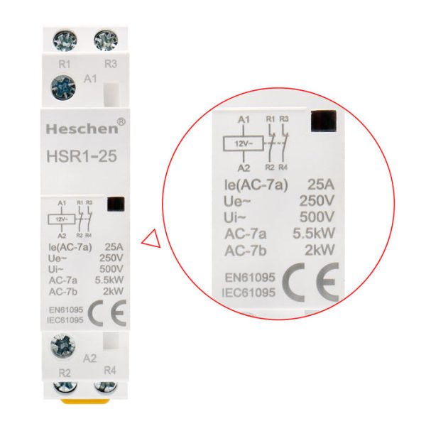 Household AC Contactor HSR1-25 Ie 25A 2 Pole Two Normally Closed 12V Coil Voltage 35mm DIN Rail Mount - Image 4